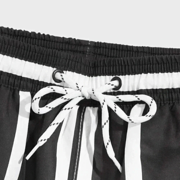Black Vacation Style Striped Men's Swim Trunks - Picture 4 of 6